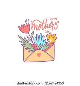 Happy Mothers day lettering text and yellow envelope with flowers. Hand drawn colorful cartoon style vector illustration.