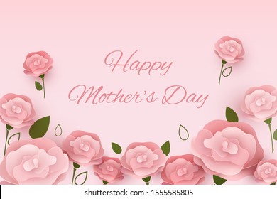 Happy Mother's day Light pink greeting card template. Vector symbol of love for Happy  Women's, Mom's, Valentine's Day. Wedding, birthday background design. Paper cut art Spring Blossom Flower of Rose