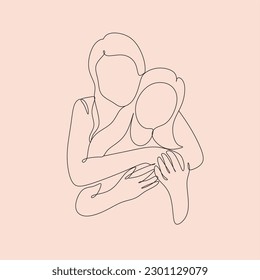 Happy mothers day line art. Mother and daughter line drawing. Cute simple vector illustration