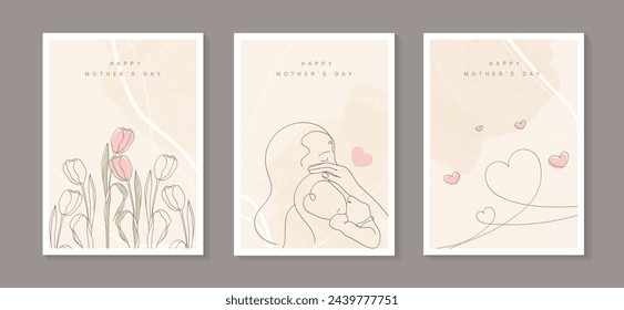 Happy Mother's Day with line art child, hands, flowers and hearts. mom hugging her baby. hand drawn for Happy International Mother's Day card, loving family, parenthood childhood concept. vector.