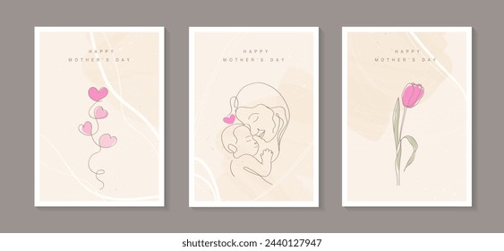 Happy Mother's Day with line art child, hands, flowers and hearts. mom hugging her baby. hand drawn for Happy International Mother's Day card, loving family, parenthood childhood concept. vector.