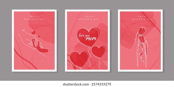 Happy Mother's Day with line art child, hands, flowers and hearts. mom hugging her baby. hand drawn for Happy International Mother's Day card, loving family, parenthood childhood concept. vector.