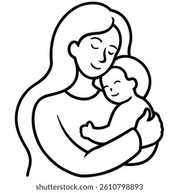 Happy mother's Day line art. A mother is hugging har children