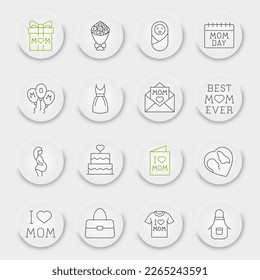 Juego de iconos de línea del Día de la Madre Feliz, colección del día de la madre, gráficos vectoriales, botones UX de interfaz de usuario neumórficos, iconos vectoriales del día de la madre, signos familiares, pictogramas de contorno, trazo editable