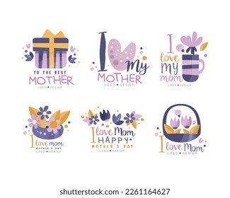 Happy Mothers Day Logo Design with Gift Box, Heart and Floral Purple Element Vector Set