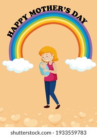 Happy Mother's Day Logo on rainbow with mom and baby illustration