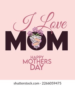 happy mothers day, ı love mom. illustration of girl holding flower