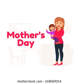 Happy Mothers day. Mother's love. Mom and kid. Cute illustration cartoon style.