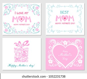 Happy Mothers Day! I love my mom. Best Mom Ever. Ornate horizontal holidays greeting cards with flowers, heart, butterfly, lettering, typographic design, floral frames. Vector illustration.