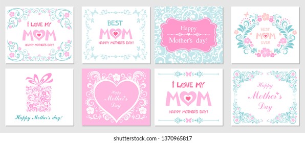 Happy Mothers Day!  I love my mom. Best Mom Ever. Ornate horizontal holidays greeting cards with flowers, heart, butterfly, lettering, typographic design, floral  frames. Vector illustration.