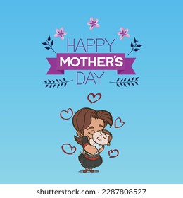 Happy mother's day love special characters with hearts isolated over blue illustration background.