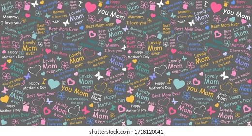 Happy Mother's Day!  I love you Mom. Best Mom ever. Lettering design. Seamless pattern for greetings card, invitation, poster, banners, calendar. Horizontal banner. Illustration