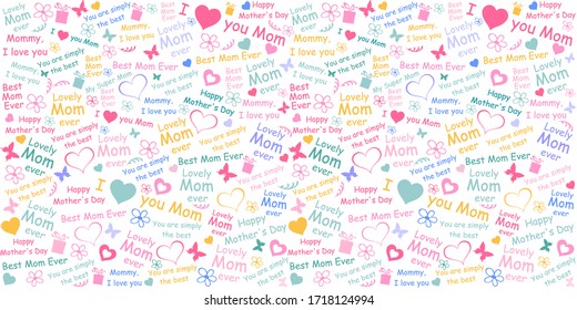 Happy Mother's Day!  I love you Mom. Best Mom ever. Lettering design. Seamless pattern for greetings card, invitation, poster, banner, calendar. Horizontal card format for web banner or header. Vector