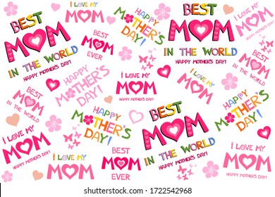 Happy Mother's Day!  I love you Mom. Best Mom ever. Lettering design. Seamless Pattern for greetings card, invitation, poster, banner, calendar. Horizontal card format for web banner or header. 