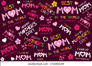 Happy Mother's Day!  I love you Mom. Best Mom ever. Lettering design.  Pattern for greetings card, invitation, poster, banner, calendar. Horizontal card format for web banner or header.  Vector