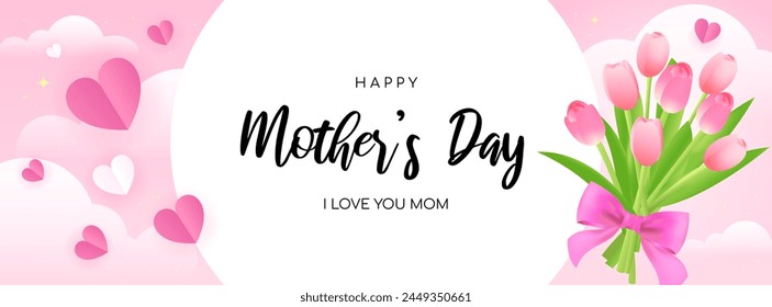 Happy Mother's Day,  I Love you mom banner vector illustration Beautiful Tulip bouquet on pink sky