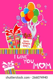 Happy Mother's Day! I Love You Mom! Celebration pink background with Birthday gift boxes, balloon, colored carnival caps and place for your text. vector illustration 