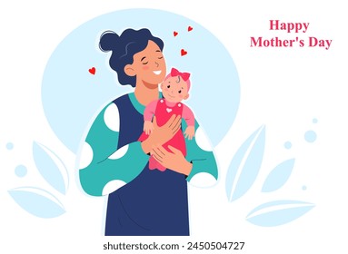 Feliz Día de la Madre.  Feliz madre amorosa sosteniendo a una niña en sus brazos. Postal por el día festivo Día de la Madre. Ilustración vectorial plana aislada sobre fondo blanco