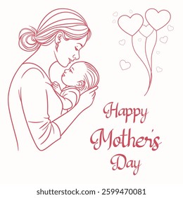 Happy Mother's Day, Loving Mother And Child Line Art, Vector Illustration for Holiday Celebrations, Mother’s Day Background With Text, Gifts for Mother