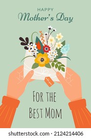 Happy mother's day. Male or female hands hold an envelope with a paper letter and a bouquet of spring flowers inside. Greeting card in flat cartoon style