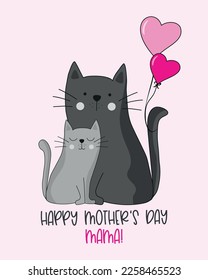 Frohe Mutter's Day Mama - Cute Mama Katze mit Ballons und kleine Kätzchen handgezeichnet Vektorgrafik. Gut für Grußkarten, Poster, Etiketten, Stoffdruck und andere Geschenke Design.