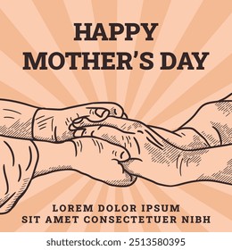 Happy Mother's day message, with illustration of a mother's hand holding her daughter's hand on light pastel pink background, with light beam. 
