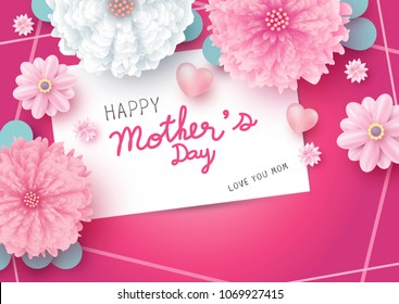 Happy mother's day message on white paper card and flowers with heart on pink background vector illustration