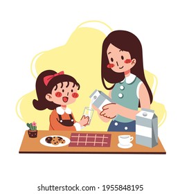 Feliz Día de la Madre e ilustración vectorial plana del Día de la Leche. Hermana y mamá bebiendo leche juntos por salud. Tiempo familiar estando juntos en casa.