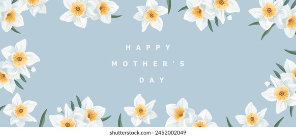 Happy Mother's Day. Minimalism.  Vector modern cute minimalistic floral illustrations of narcissus flower, daffodil, blue pattern for greeting card, background, invitation or banner