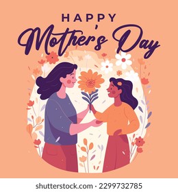 Happy Mother's Day minimalist vector art, with flowers, Anneler Günü kutlu olsun