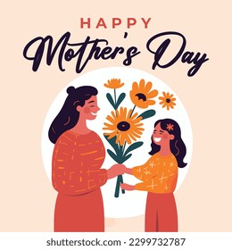 Happy Mother's Day minimalist vector art, with flowers, Anneler Günü kutlu olsun