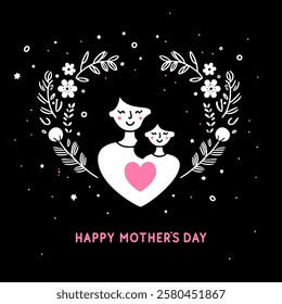 Happy Mothers Day minimalistic illustration, card with mom and daughter together in the shape of heart