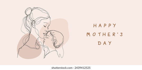 Happy Mother's Day. minimalistic modern  line art. Vector abstract illustration of mother and child,  for greeting card, banner, poster or flyer