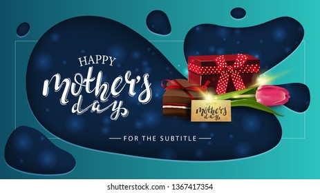 Happy mother's day, modern blue horizontal greeting postcard for website with a paper cut background, gift, tulip and candy
