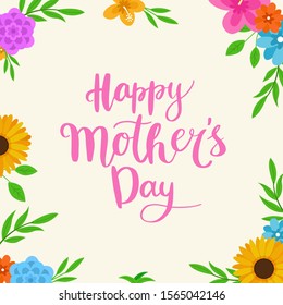 Happy Mother's day modern calligraphy text poster card template design with floral flower frame background vector illustration
