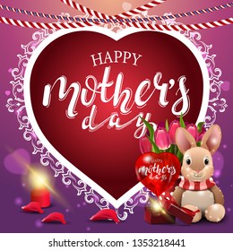 Happy mother's day, modern congratulations postcard with paper red heart, plush rabbit, tulips and gift