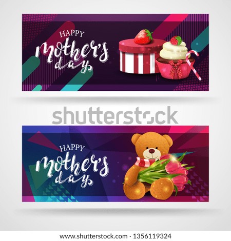 Happy mother's day, modern congratulations postcard template with gift, strawberry, cupcake and Teddy bear with a bouquet of tulips