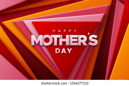 Happy Mothers Day. Modern cover design. Vector holiday illustration. Ad banner design. Abstract geometric background. Multicolored triangle shapes with paper letters sign. Layout design