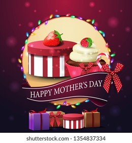 Happy mother's day, modern pink congratulations postcard template with ribbon, garland, gifts strawberry and cupcake