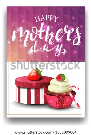 Happy mother's day, modern pink congratulations postcard template with gift, strawberry and cupcake