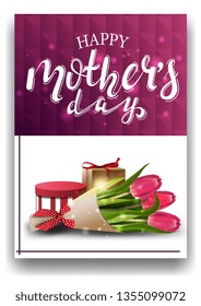 Happy mother's day, modern purple congratulations postcard template with bouquet of tulips