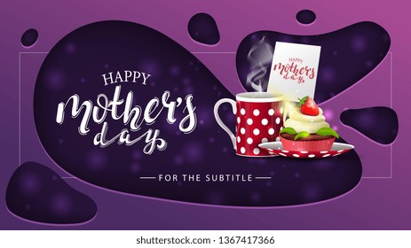 Happy mother's day, modern purple horizontal greeting postcard for website with a paper cut background and cup of tea with cupcake