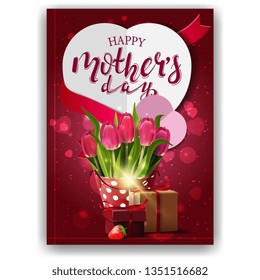 Happy mother's day, modern red congratulations postcard with paper hearts, bucket with tulips and gift