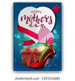 Happy mother's day, modern red congratulations postcard with paper hearts and women's Shoe with tulips inside