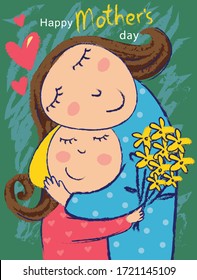 Happy Mother's Day. Happy mom and baby.
Vector greeting card for International Mother's Day