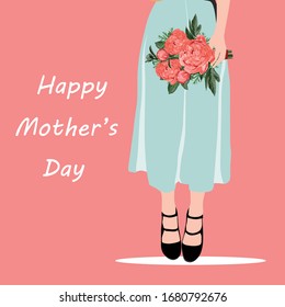 Happy Mothers Day. Mom. Card template with beautiful woman with spring flowers. Design element for card, poster, banner, and other use. Flat illustration.