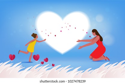 Happy mother's day. Mom and her daughter child are playing, smiling on heart background. Family holiday and togetherness. Vector illustratoin.