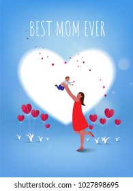 Happy mother's day. Mom and her child  are playing, smiling on heart background. Family holiday and togetherness. Vector illustration.