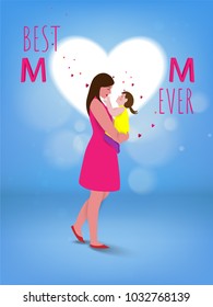 Happy mother's day. Mom and her daughter child are playing, smiling and hugging on heart background. Family holiday and togetherness. Vector illustratoin.