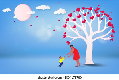 Happy mother's day. Mom and her son child are playing, smiling and hugging on heart background. Family holiday and togetherness. Vector illustratoin.
